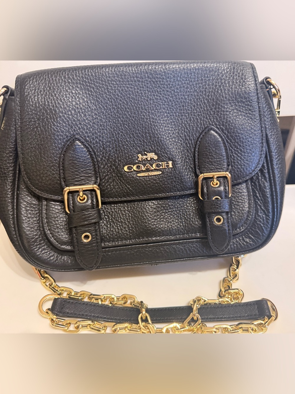 Coach Black Pebbled Leather Crossbody with Gold Chain Strap